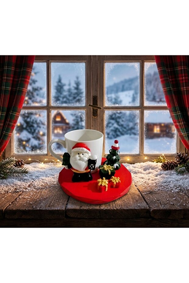 Christmas Themed Handmade Porcelain Turkish Coffee Cup and Presentation Plate Set