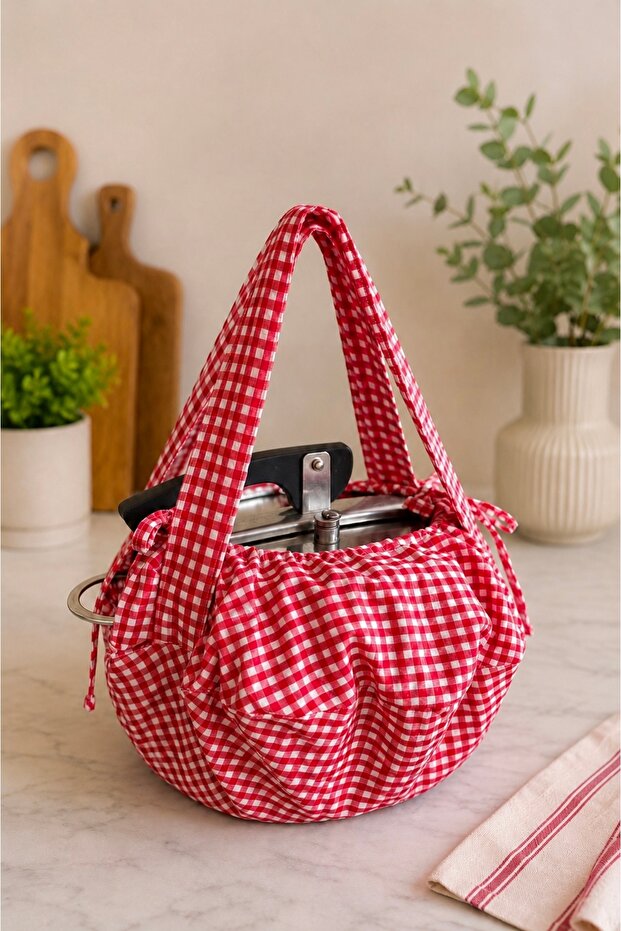 Adjustable Drawstring Picnic Cookware and Pressure Cooker Carrying Bag, Double Layer Red Gingham