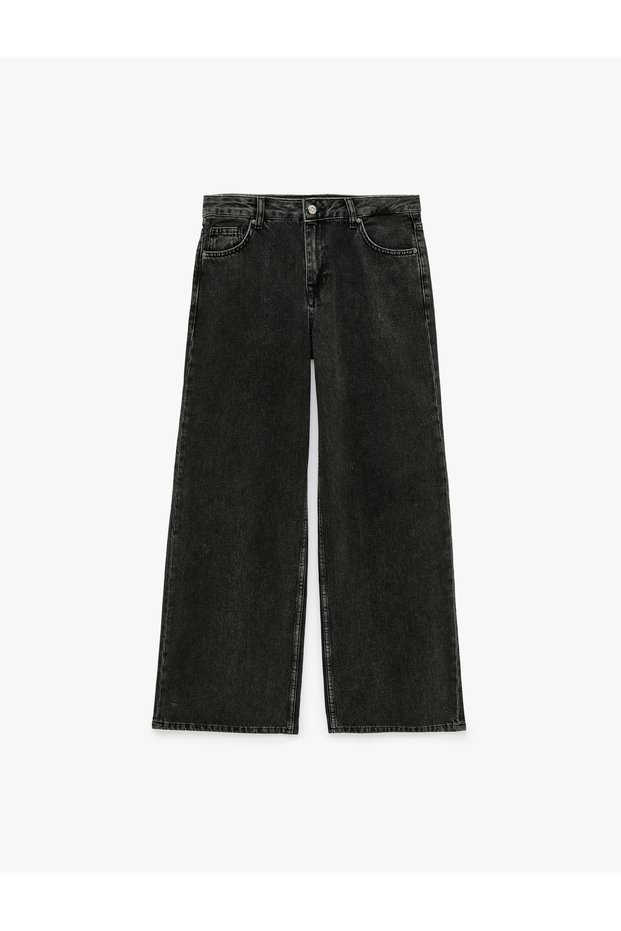 Low Waist Pocketed Loose Fit Straight Leg Cotton Denim Trousers - Loose Straight Fit Jean