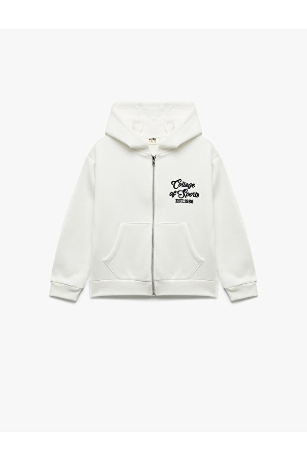 Long Sleeve Printed Oversize Hooded Zippered Sweatshirt with Pockets