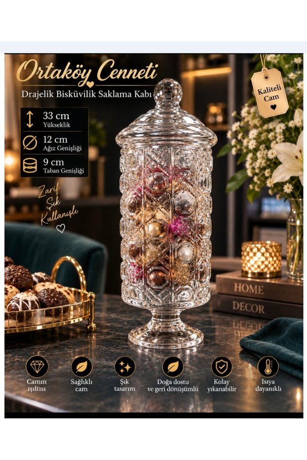 Drajelik Round Large Jar, Height 1 Piece, 33 Cm, with Lid, 12 cm Mouth, 9 cm Base.