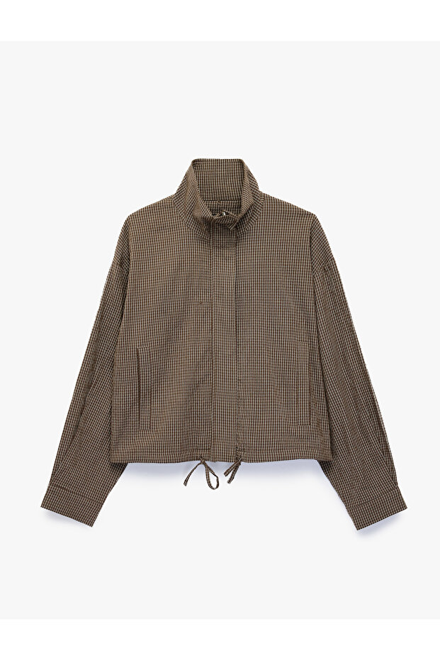 High Collar Lace-Up Pocketed Zippered Plaid Oversize Seasonal Jacket