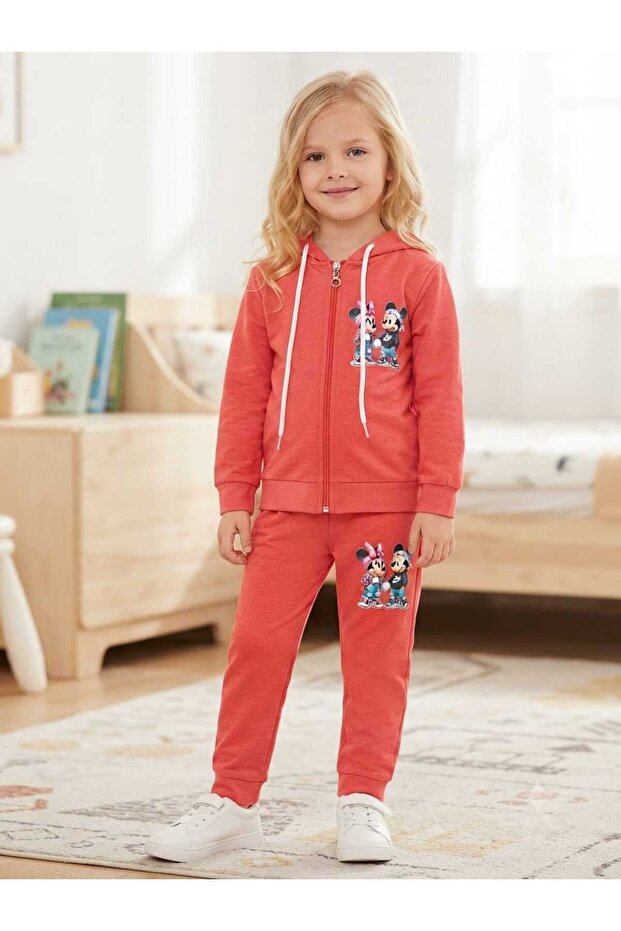 Girls' Printed Hooded Zippered 2-Piece Cotton Set Sweatshirt & Sweatpants Suitable for Kindergarten Nursery