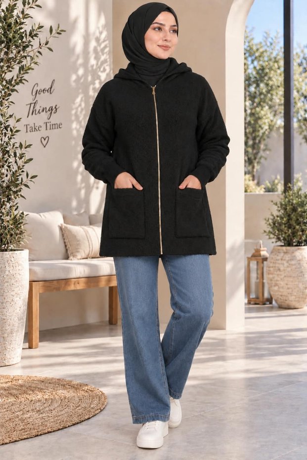Women's Bearded Angora Soft Hooded Zipper Detailed Knitwear Cardigan