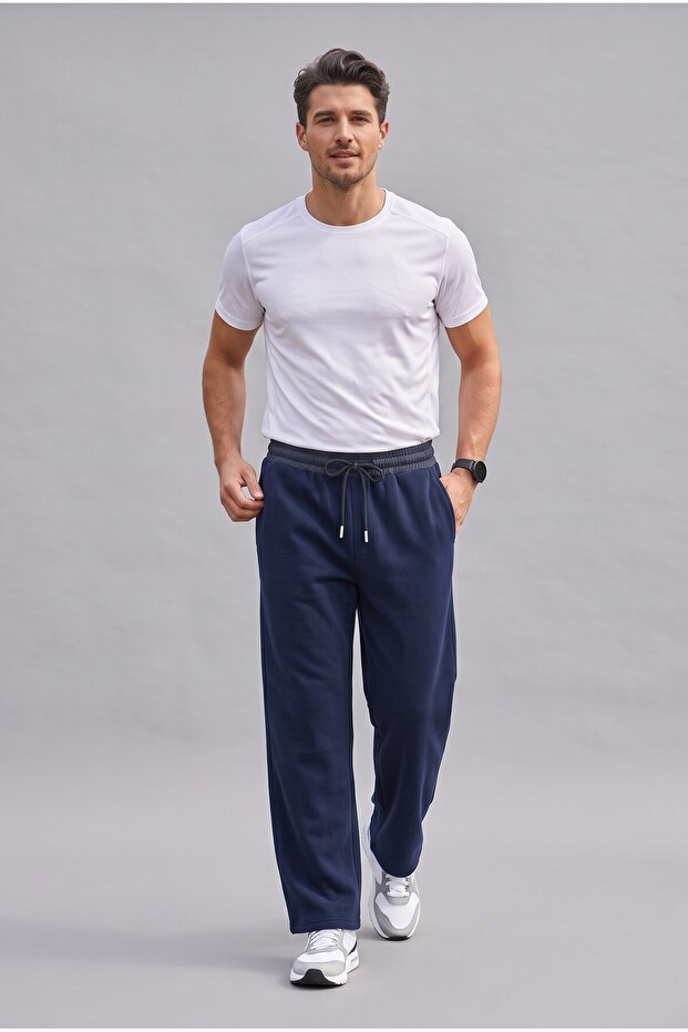 Makiteks Men's Navy Blue Comfortable Regular Cut Flat Leg 2 Thread Sweatpants with Elastic Waist and Drawstring Pockets, Baggy Style, Suitable for Daily Use
