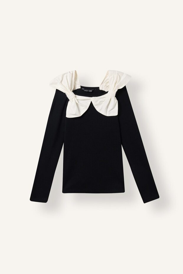 Contrast Bow Collar Ribbed Camisole Long Sleeve Basic T-Shirt Girl I3794A826Au