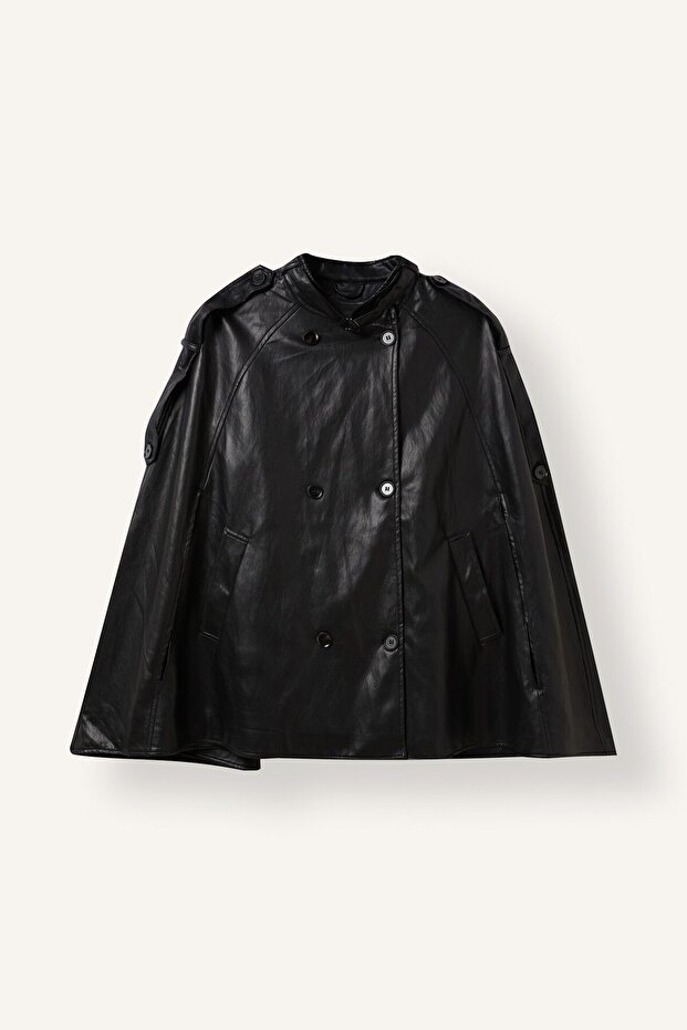 Leather Look A-Line Turtleneck Double-Breasted Buttoned Cape Coat I2469Ax26Au