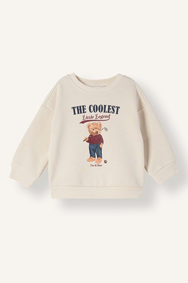 Oversize Crew Neck Teddy Bear Printed Soft Furry Thick Sweatshirt for Baby Boy I3309A526Wn
