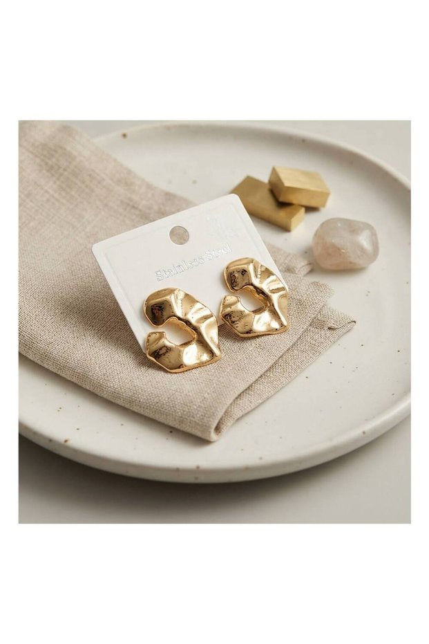 316L Steel Gold Color Organic Textured Asymmetrical Design Drop Model Earrings Tj-Bkp12040