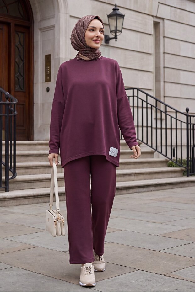 Round Neck Oversize Lycra Combed Cotton Suit with Long Back Pockets - Cherry