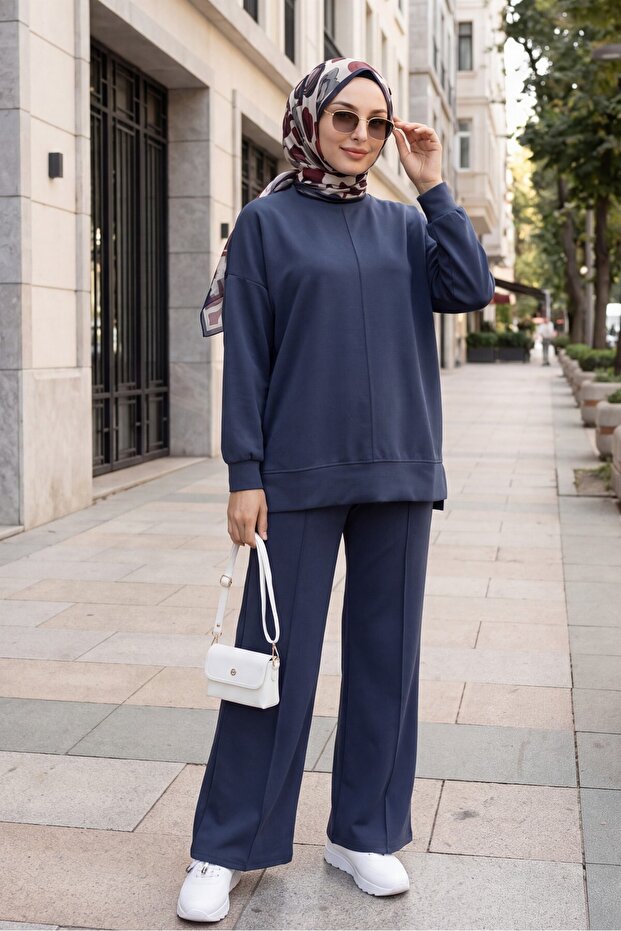 Pantsuit with Side Slits and Grass-Patterned Front - Smoked