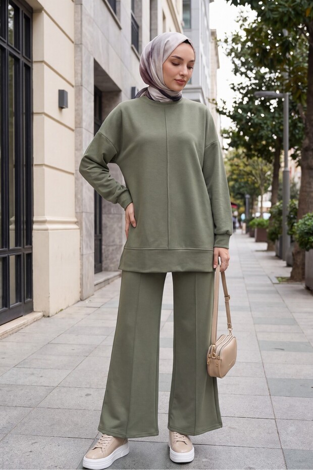 Pants Suit with Side Slits and Grass Green Front Panel - Olive Green