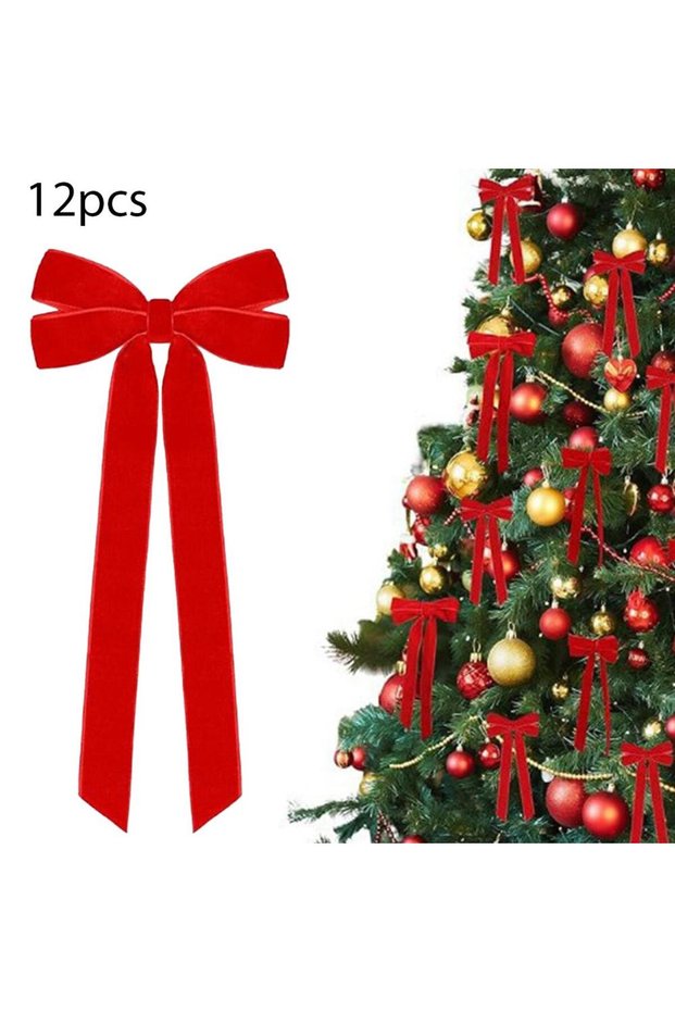 25cm Red 12PCS Velvet Christmas Bows Christmas Tree DIY Hanging Ornaments Ribbon Bow Gift Wrapping B