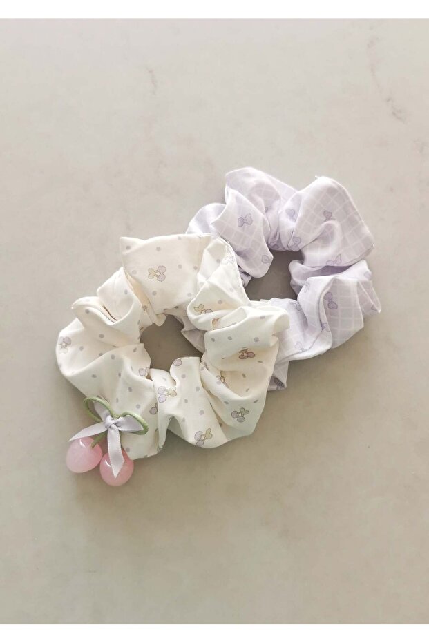 Lilac Polka Dot Ribbon Patterned Bow Detail Cherry Figured Double Elastic Bagel Buckle Set
