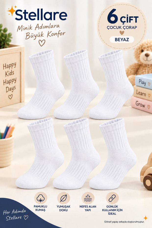 6 Pairs of White Cotton Children's College Socks Soft Ribbed School and Casual Sports Socks