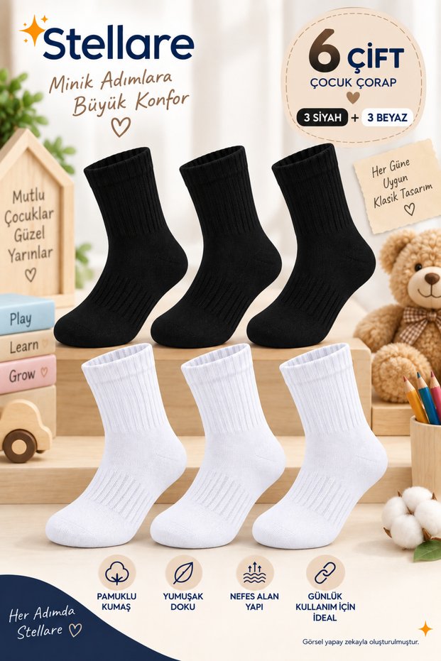 6 Pairs Black and White Cotton Kids College Socks Soft Ribbed School and Casual Sports Socks 3 Pairs White 3 Pairs Black