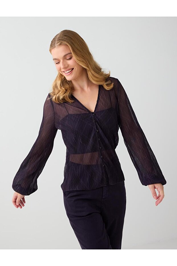 Purple Baklava Patterned V-Neck Transparent Mesh Blouse