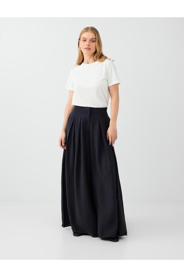 Black Pleated Detailed Wide-Leg Modal Palazzo Trousers