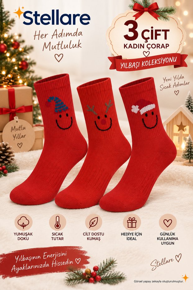3 Pairs Women's New Year Collection Red Patterned Socks Soft and Warm Gift Socks Set