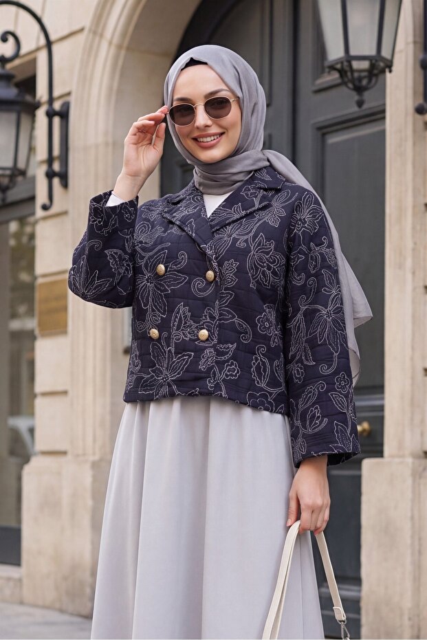 Shirt Collar Mixed Patterned Buttoned Front Quilted Jacket - Dark Navy Blue