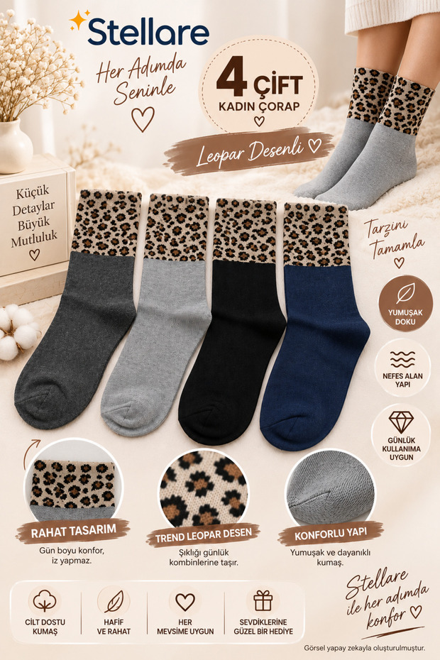 4 Pairs Women's Leopard Patterned Colorful Socks Comfortable Elastic Cotton College Socks Set