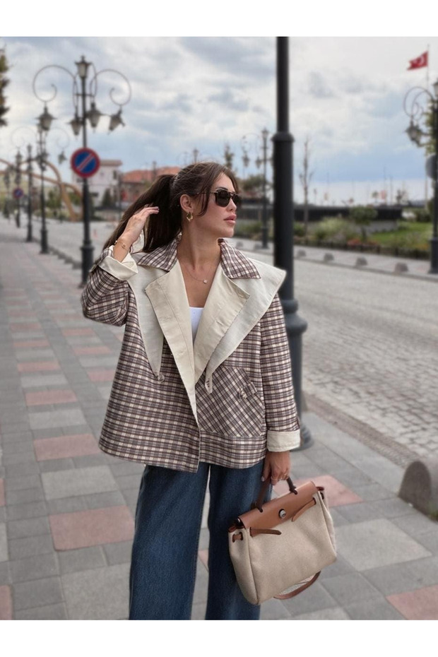 Double-Sided Shawl Detailed Plaid Pattern Jacket - 8637