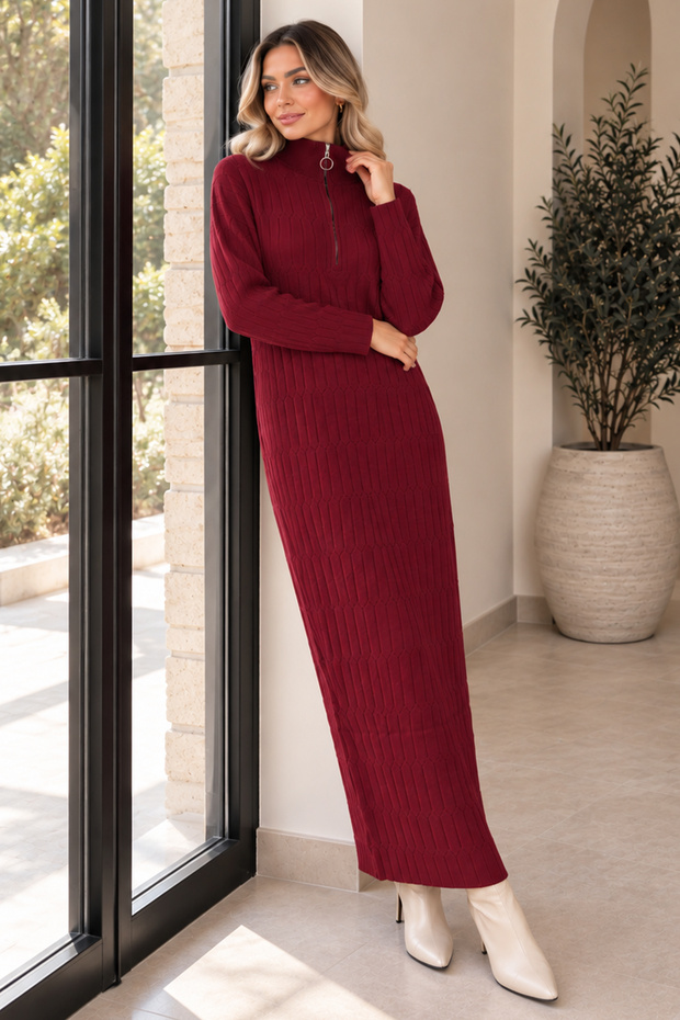 Zippered Collar Knitwear Dress K3055 Claret Red