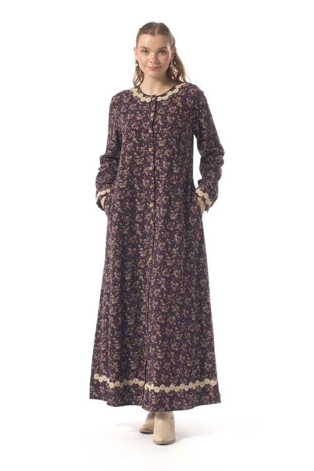 Feriha Flannel Buttoned Long Sleeve Winter Long Dress with Violet Pattern Purple Purple