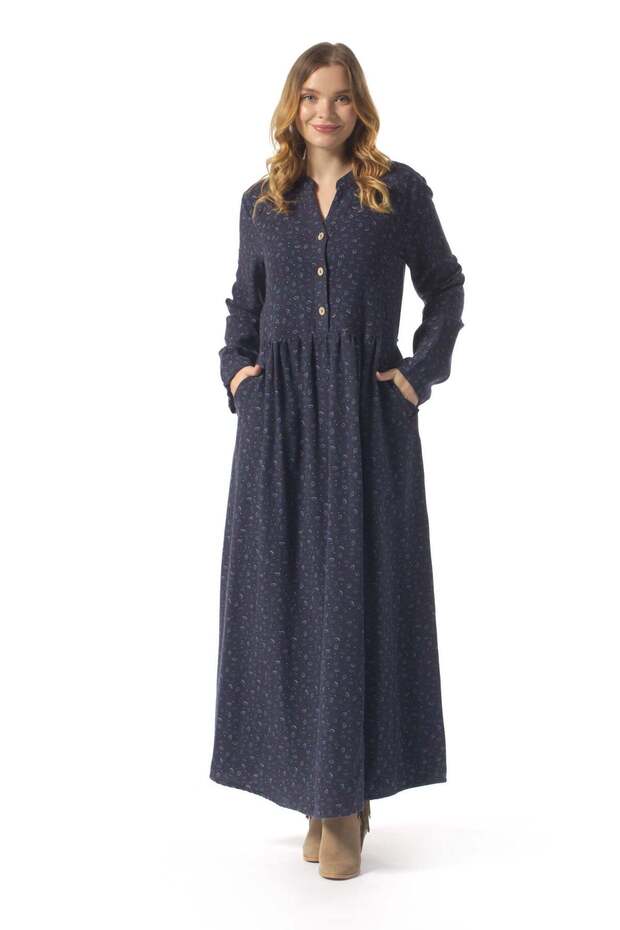 Nazlı Flannel Shawl Pattern Buttoned V-Neck Long Sleeve Winter Long Dress Navy Blue Lcvt