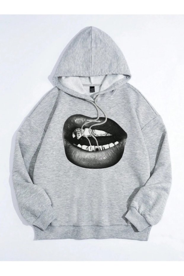 Unisex Gray Lip Print Hooded Sweatshirt Printed Premium Oversize T-Shirt