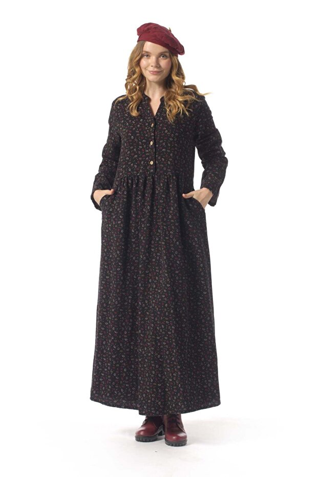 Nazlı Flannel Shawl Pattern Buttoned V-Neck Long Sleeve Winter Long Dress Black Syh