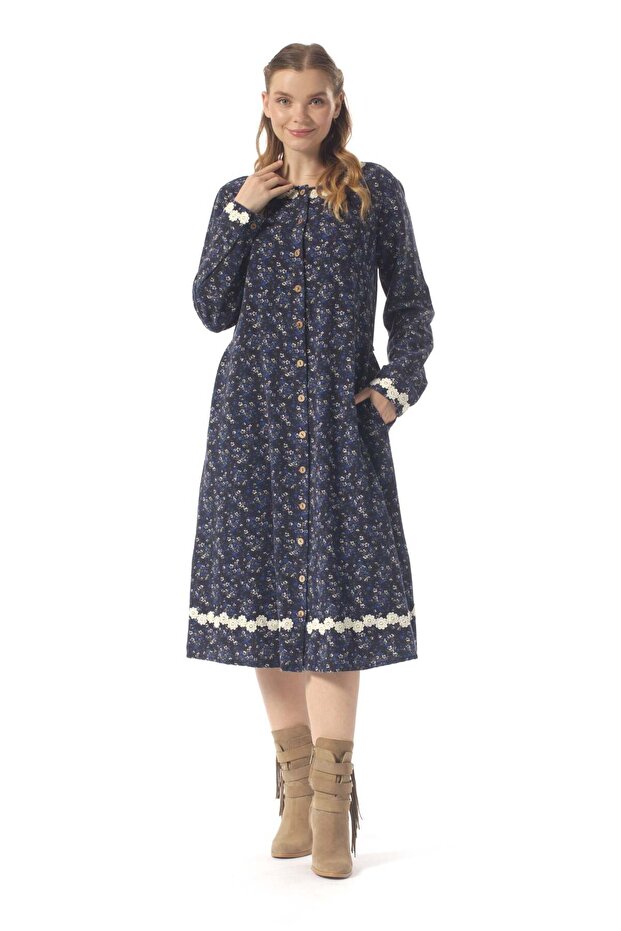 Long Sleeve Feriha Crew Neck Violet Pattern Buttoned Winter Flannel Midi Length Dress Navy Blue Lcvt