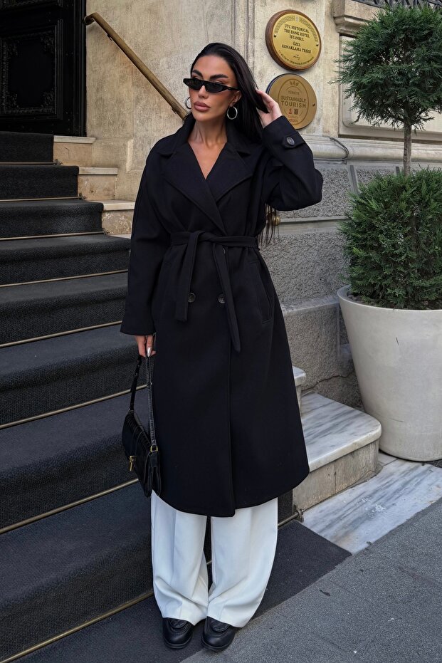 Women's Black Double-Breasted Collar Wool Textured Belted Oversize Cashmere Coat