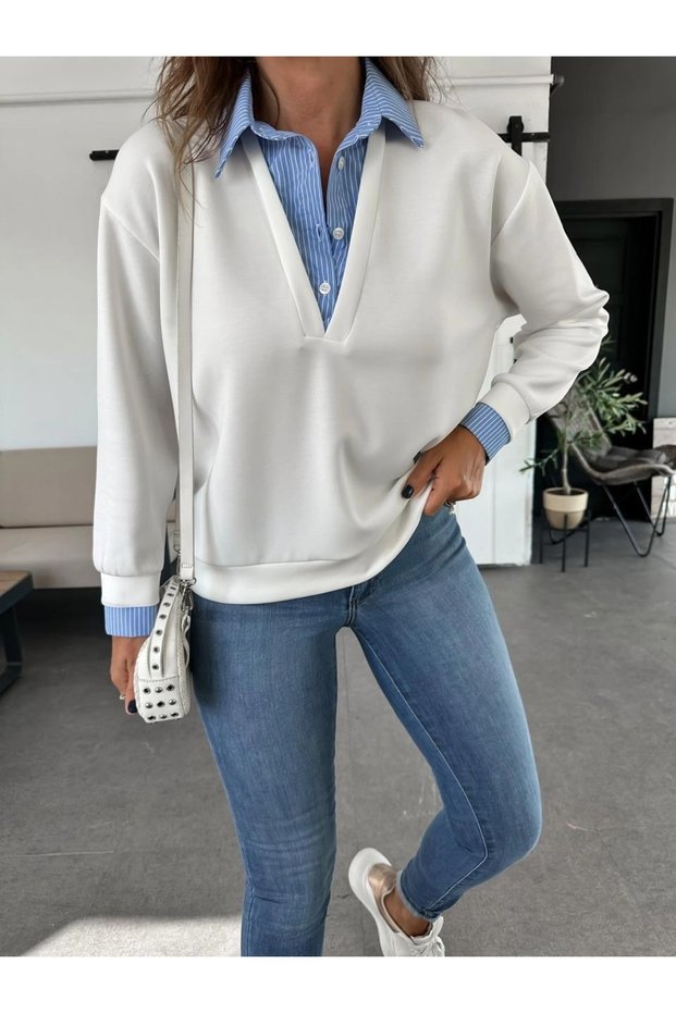White Sweatshirt with Shirt Collar