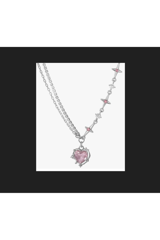 Heart Pendant, Silver-Tone Metal Chain, Elegant Rhinestone Detail, Star-Connected Chain Design Korean Style Double Layer Necklace a Stylish Jewelry for Women and Girls