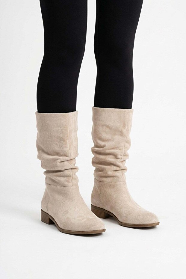 Women's Samo Beige Suede Flat Sole Drawstring Mid-Size Pull-On Boots