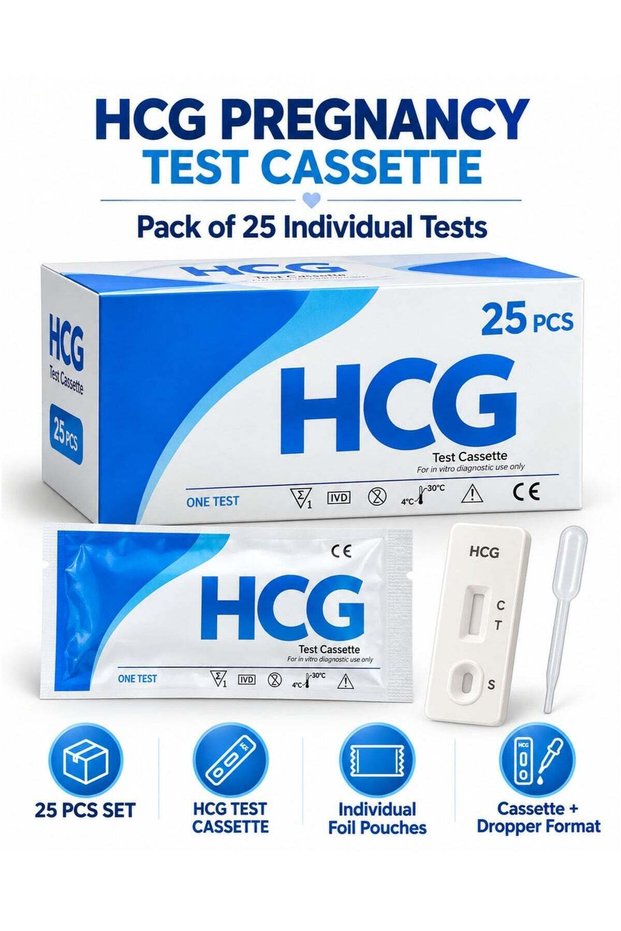 Urine Pregnancy Test Cassette Kit Pack of 25 Individually Foil-Packed Single-Use Tests with Disposable Droppers, C/T Result Window, Sample Well and 4°C–30°C Storage for In Vitro Diagnostic Use