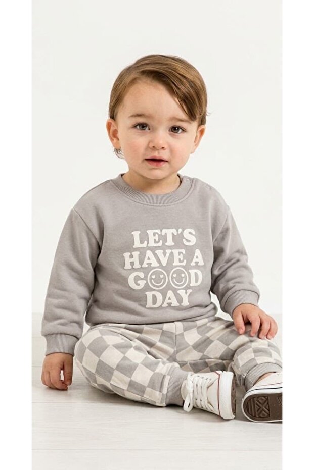 "Let's Have a Good Day" Şardonlu Winter 100% Cotton Baby Boy 2-Piece Set