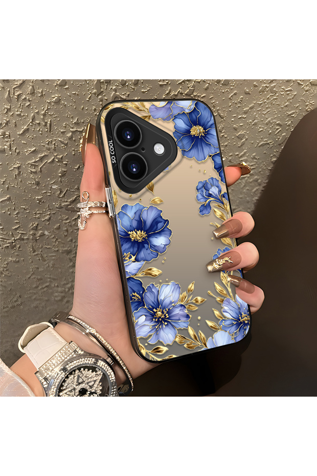 iPhone 17 Compatible Elegant Floral Case, Blue Flower Golden Branch Creative Flat Print