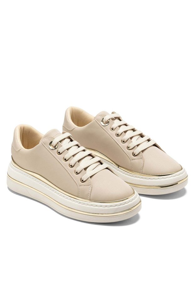 Women's Beige Thick Sole Gold Stripe Detailed Lace-Up Casual Sports Walking Shoes Sneaker
