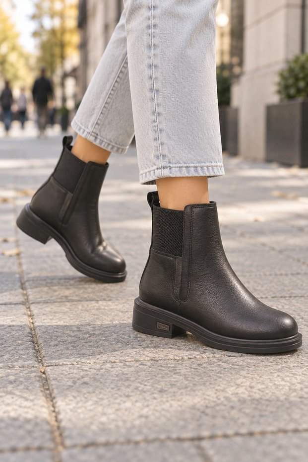 Women's Genuine Leather Black Elastic Chelsea Boots