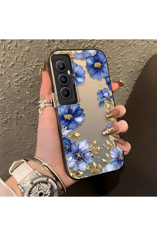 Realme C65 4g Compatible Elegant Flower Case, Blue Flower Golden Branch Creative Flat Printing