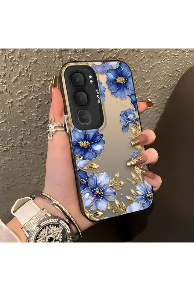 Vivo Y31/Y21D Compatible Elegant Flower Case, Blue Flower Golden Branch Creative Flat Printing