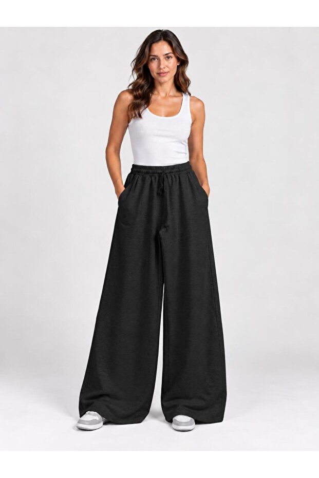 Women's Black Elastic Waist Wide Leg Sweatpants