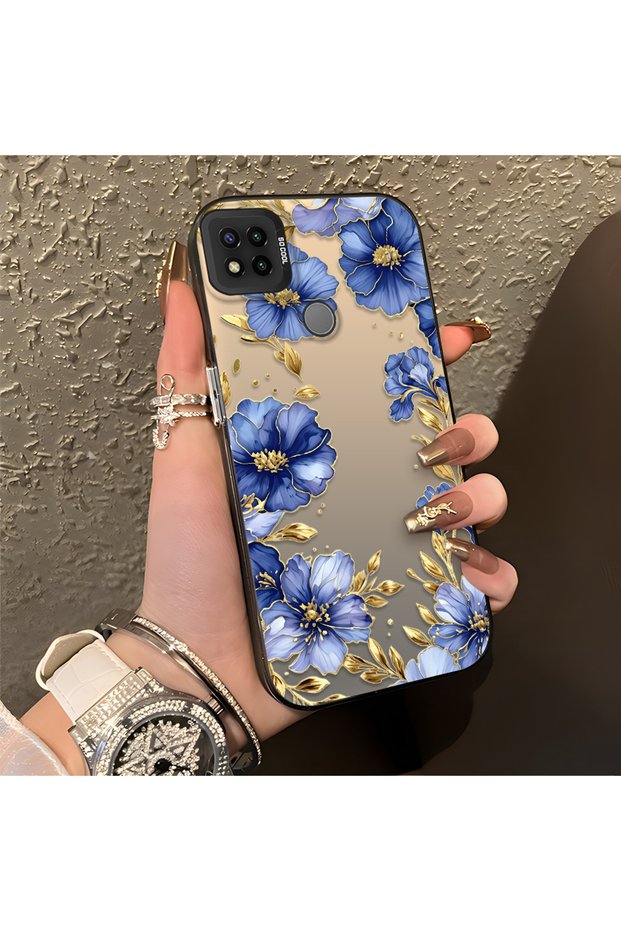 Redmi 9C/10A Compatible Elegant Flower Case, Blue Flower Golden Branch Creative Flat Print