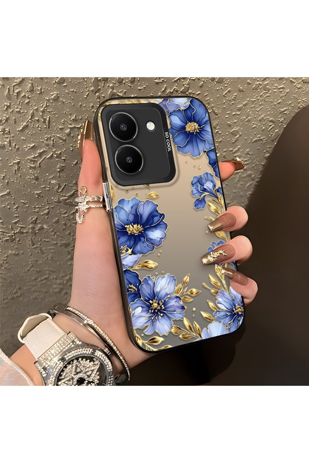 Vivo Y36 4G/5G Compatible Elegant Flower Case, Blue Flower Golden Branch Creative Flat Print