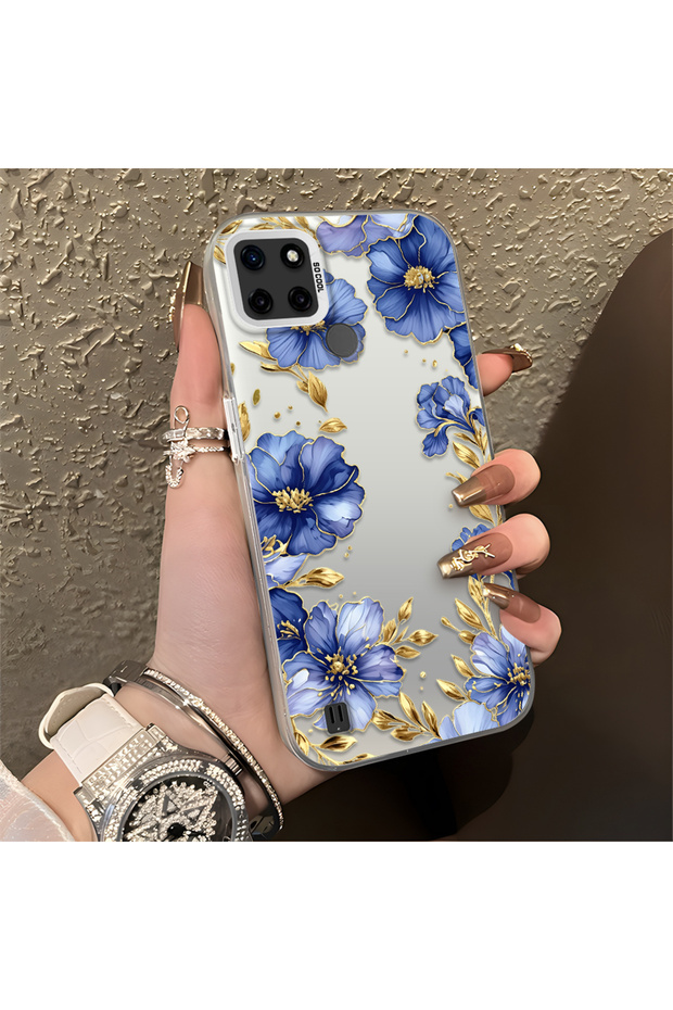Realme C25Y/C21Y Compatible Elegant Flower Case, Blue Flower Golden Branch Creative Flat Printing