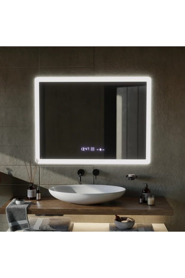 Rectangular LED Mirror, 80x60cm, ELANCEE MotionGlow Marcello Sensor, Defog System, Clock & Thermometer, Dimmable