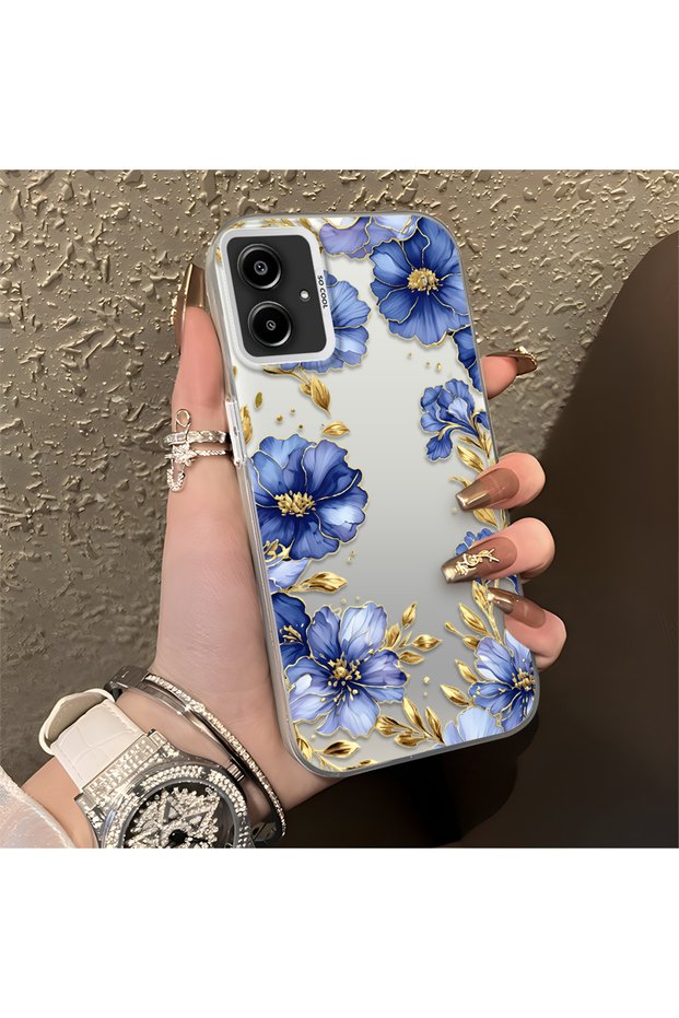 Samsung Galaxy A06 4G/5G Compatible Elegant Flower Case, Blue Flower Golden Branch Creative Flat Print