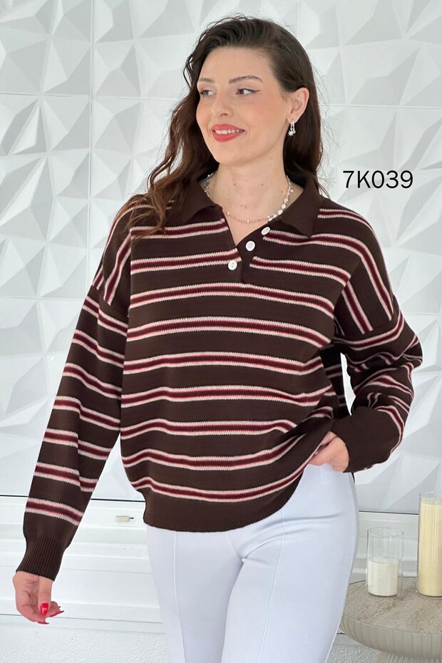 Polo Collar Striped Knitwear Blouse 7K039